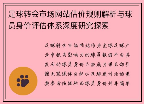 足球转会市场网站估价规则解析与球员身价评估体系深度研究探索